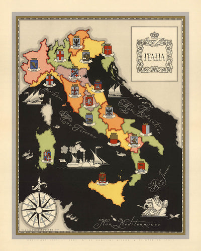Ancienne carte de l'Italie, 1938 : Régions, Alpes, Apennins, Rome, Milan