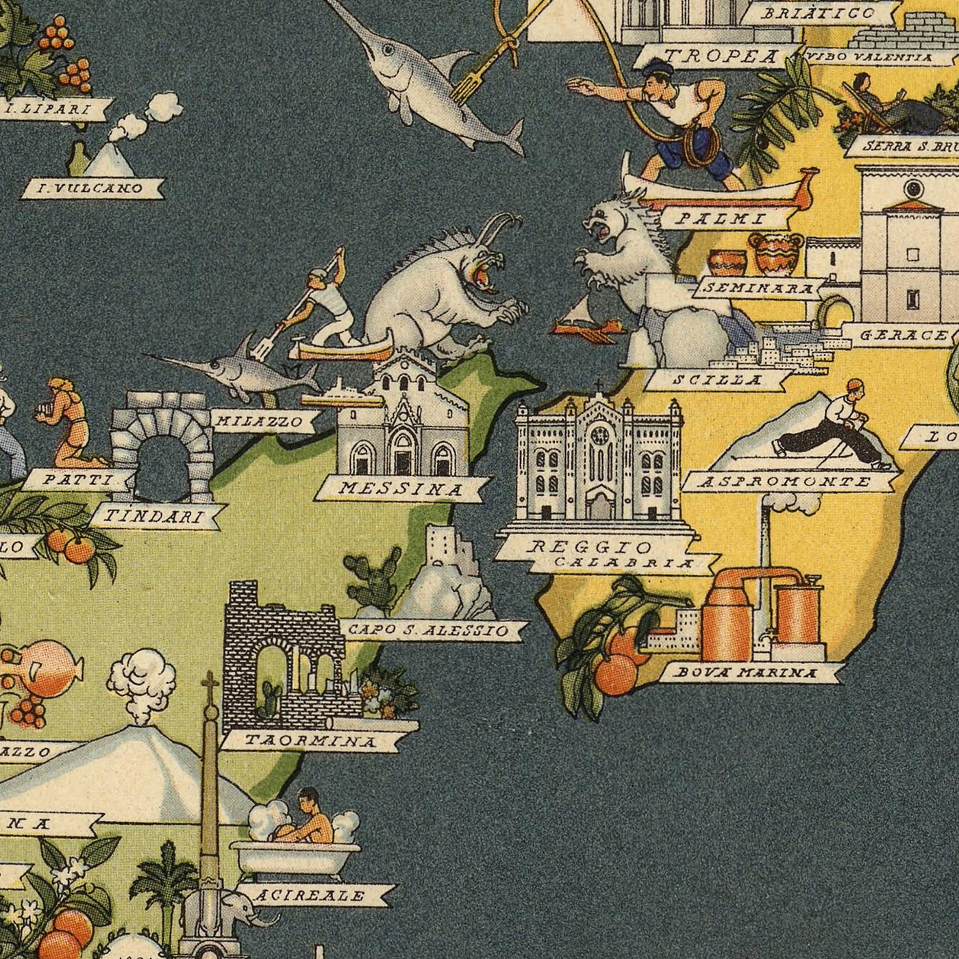 Antigua Mapa Pictórico de Italia por De Agostini, 1938: Roma, Milán, Venecia, Alpes, Regiones, Sicilia, Cerdeña, etc. 
