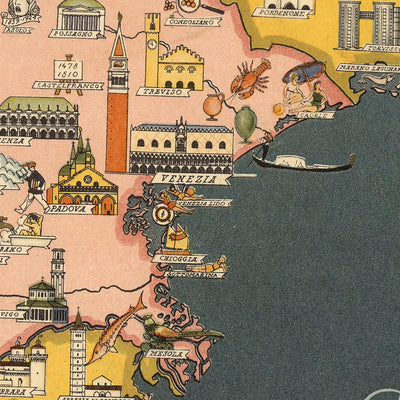 Antigua Mapa Pictórico de Italia por De Agostini, 1938: Roma, Milán, Venecia, Alpes, Regiones, Sicilia, Cerdeña, etc. 