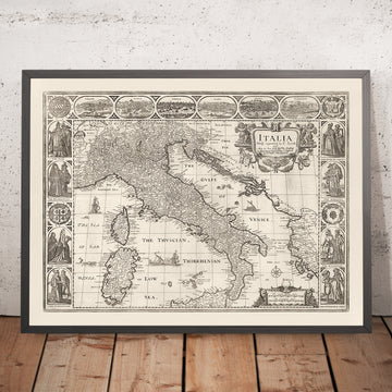 Mapa monocromático viejo de Italia, 1627 por John Speed ​​- Córcega, Cerdeña, Sicilia, Venecia, Roma, el Papa
