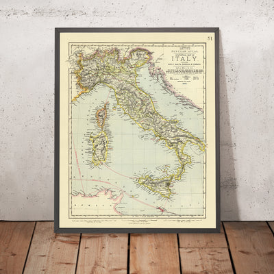 Ancienne carte thématique de l'Italie, 1883 : Rome, Naples, Venise, l'Etna, les Apennins