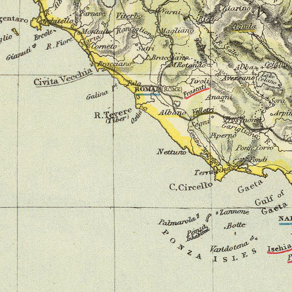 Ancienne carte thématique de l'Italie, 1883 : Rome, Naples, Venise, l'Etna, les Apennins