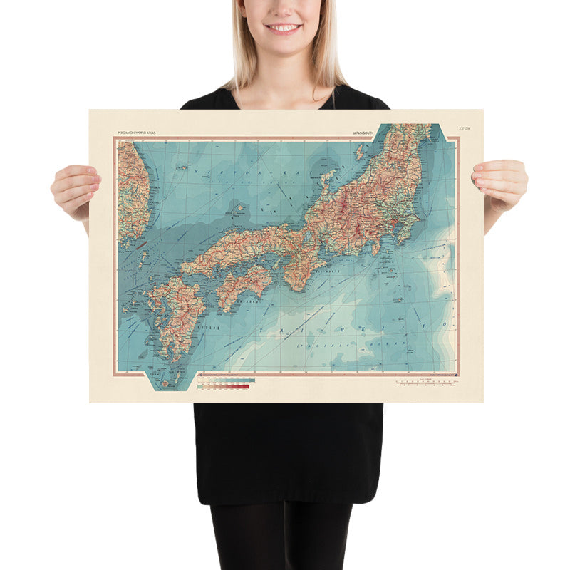 Old Map of Japan, 1967: Physical & Political Atlas Map of Honshu, Shikoku & Kyushu