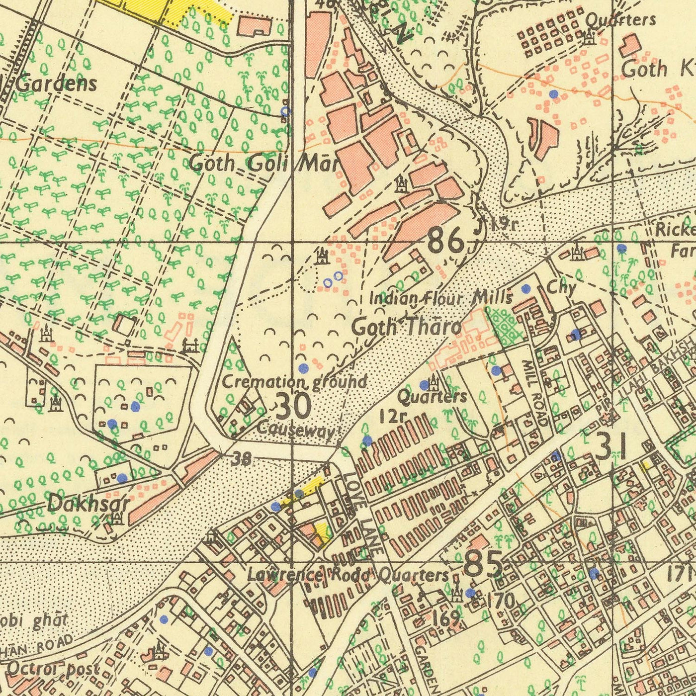 Alter Führerplan von Karachi, 1929: Saddar, Clifton, Lyari, Hafen von Karachi, Arabisches Meer 