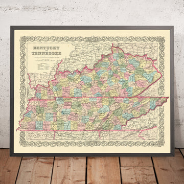Alte Karte von Kentucky und Tennessee von J. H. Colton, 1855: Louisville, Lexington, Frankfort, Covington und Bowling Green 