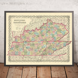 Ancienne carte du Kentucky et du Tennessee par J. H. Colton, 1855 : Louisville, Lexington, Frankfort, Covington et Bowling Green 