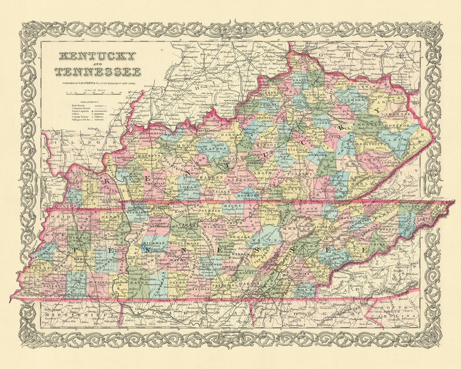 Mappa antica del Kentucky e del Tennessee di J. H. Colton, 1855: Louisville, Lexington, Frankfort, Covington e Bowling Green 