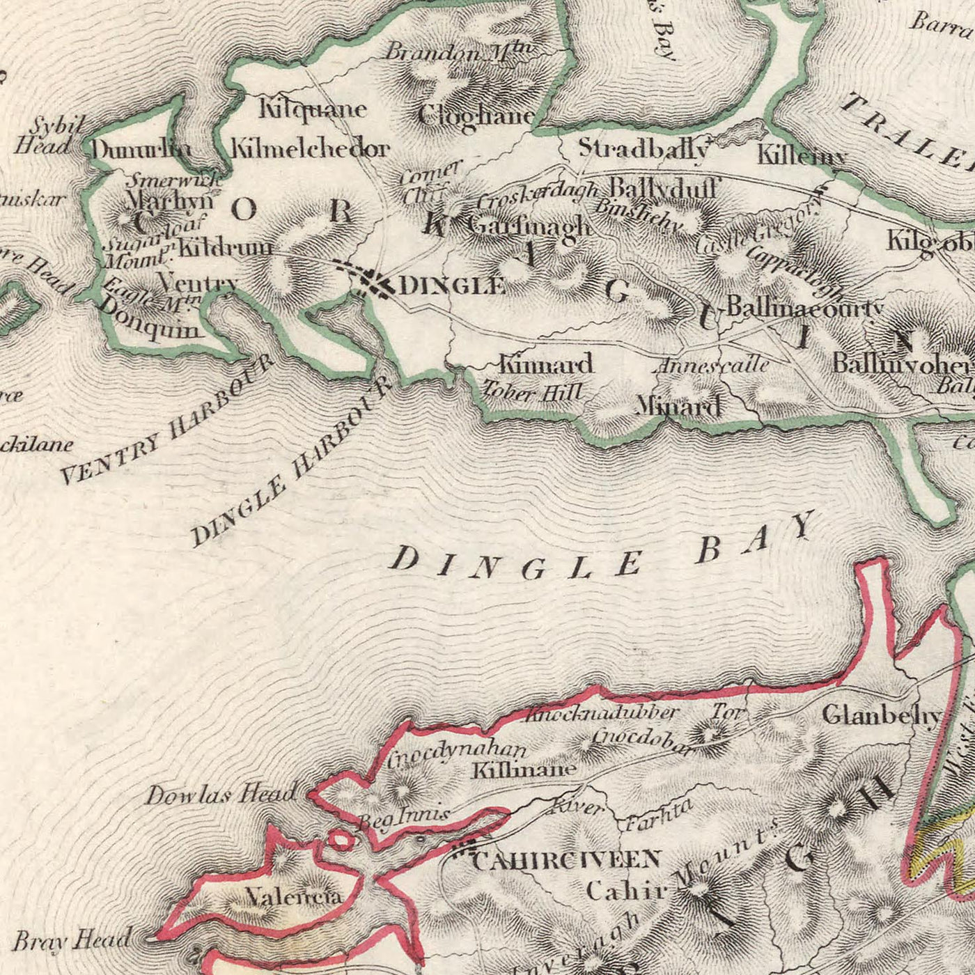 Mapa antiguo del condado de Kerry por Samuel Lewis, 1844: Tralee, Killarney, Dingle, Kenmare y Listowel