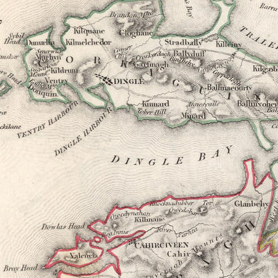 Mapa antiguo del condado de Kerry por Samuel Lewis, 1844: Tralee, Killarney, Dingle, Kenmare y Listowel