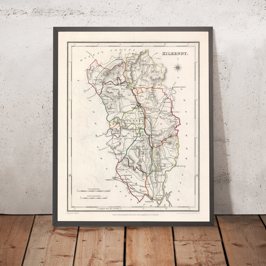 Mappa antica della contea di Kilkenny di Samuel Lewis, 1844: Thomastown, Callan, Castlecomer, Graiguenamanagh, Abbazia di Jerpoint 