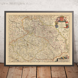 Mapa antiguo del Reino de Bohemia de Visscher, 1690: Praga, Brno, Ostrava, Wroclaw, Poznań