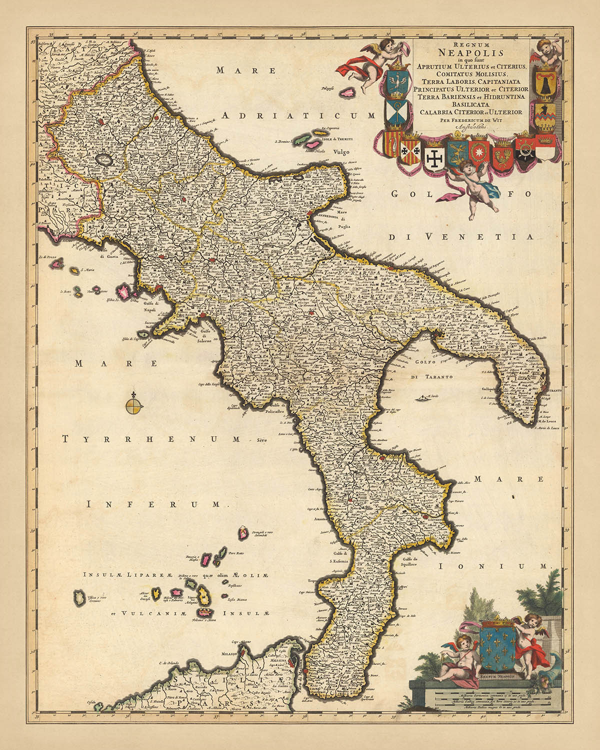 Ancienne carte du royaume de Naples par Visscher, 1690 : Naples, Bari, Messine, Salerne, Parco Nazionale del Gargano