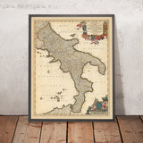 Old Map of the Kingdom of Naples, Italy by Visscher, 1690: Naples, Bari, Messina, Salerno, Parco Nazionale del Gargano