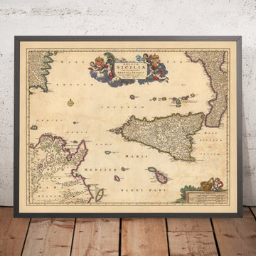 Ancienne carte du royaume de Sicile par Visscher, 1690 : Palerme, Catane, Tunis, Malte, Parco dell&