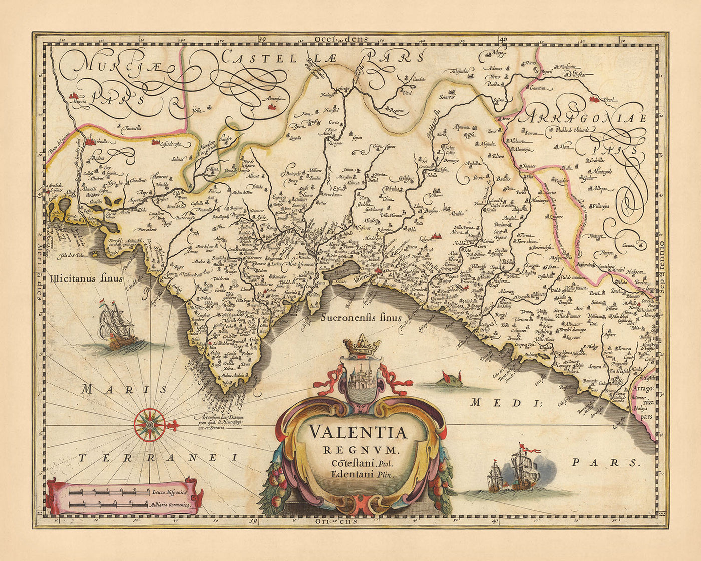 Ancienne carte du Royaume de Valence, Espagne par Visscher, 1690 : Murcie, Valence, Alicante, Dénia, Castellón de la Plana