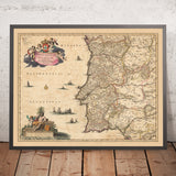 Mapa antiguo de los Reinos de Portugal y Algarve de Visscher, 1690: Lisboa, Oporto, Sevilla, Salamanca, Serra da Estrela