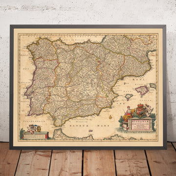 Antiguo mapa de los reinos de España y Portugal de Visscher, 1690: Madrid, Lisboa, Barcelona, Gibraltar, Oporto