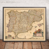 Ancienne carte des royaumes d'Espagne et du Portugal par Visscher, 1690 : Madrid, Lisbonne, Barcelone, Gibraltar, Porto