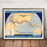 Ancienne carte KLM d'Amsterdam à Batavia (Jakarta), 1934 : itinéraires aériens, service bihebdomadaire 