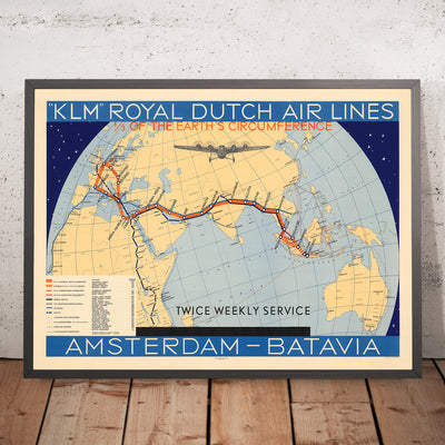 Old KLM Map of Amsterdam to Batavia (Jakarta), 1934: Airline Routes, Twice Weekly Service