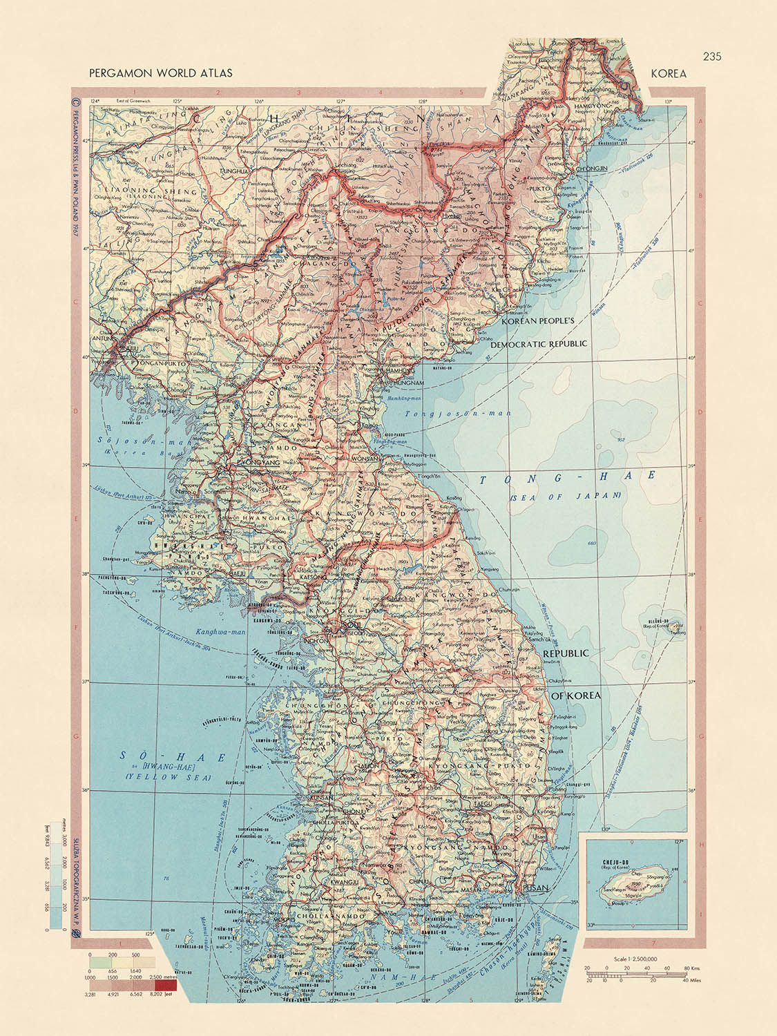 Mapa antiguo de Corea del Servicio de Topografía del Ejército Polaco, 1967: Seúl, Busan, Isla de Jeju, Guerra de Corea, Montañas Taebaek