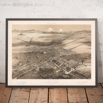 Carte ancienne de la ville de Mexico par Decaen, 1862 : Cathédrale, Tacuba, Parcs, Montagnes, Plaza Mayor