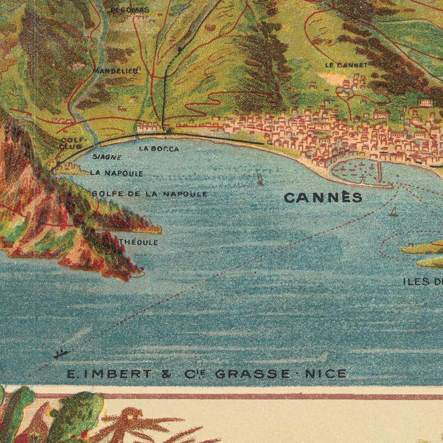 Vecchia mappa Birdseye della Costa Azzurra di Legresle, 1925: Nizza, Cannes, Monaco, Antibes, Tolone 