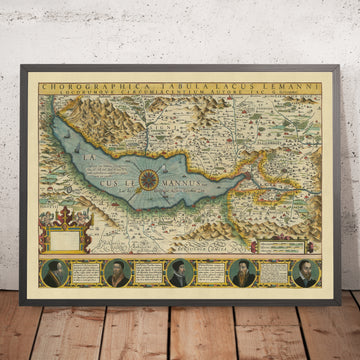 Antigua mapa del lago y cantón de Ginebra por Hondius, 1606: Lausana, Los Alpes, Lago de Ginebra, Río Ródano 