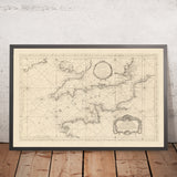 Mappa navale antica della Manica (Canale della Manica) di Bellin, 1763: Costa meridionale dell'Inghilterra, Francia settentrionale, Isola di Wight, Isole del Canale 