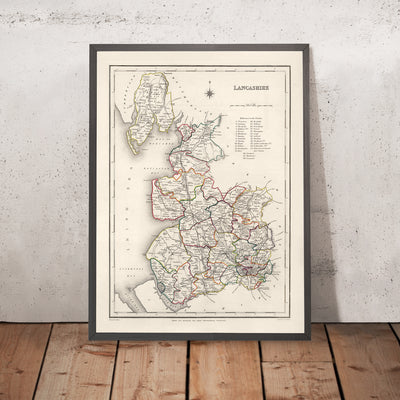 Old Map of Lancashire by Samuel Lewis, 1844: Manchester, Liverpool, Preston, Blackburn, and Oldham