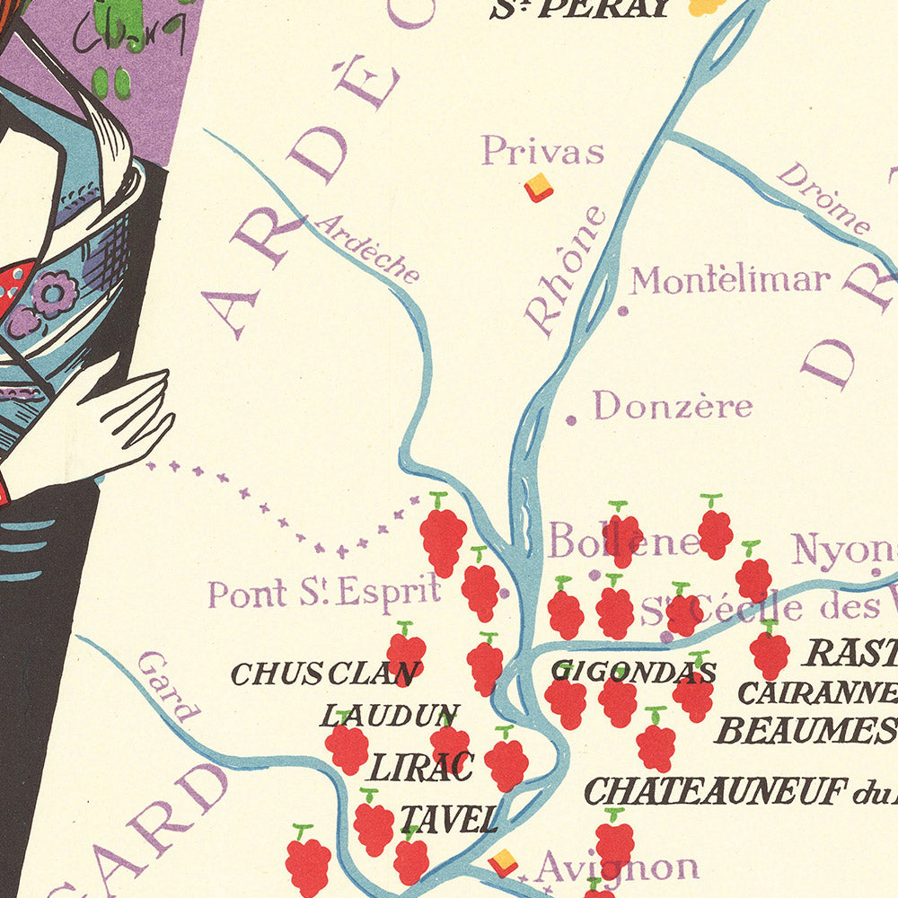 Old Wine Map of Cote du Rhone Region by Hetreau, 1954: Lyon, Avignon, Rhône River, Vineyards, Chateaux