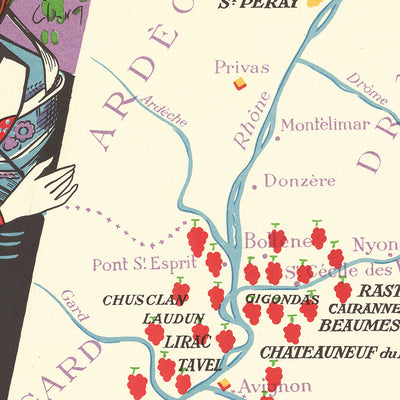 Old Wine Map of Cote du Rhone Region by Hetreau, 1954: Lyon, Avignon, Rhône River, Vineyards, Chateaux