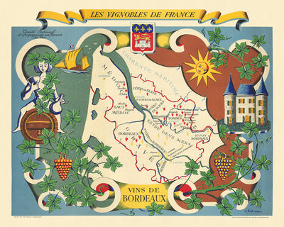 Ancienne carte picturale de Bordeaux par Hetreau, 1954 : Bordeaux, Saint-Émilion, Pomerol, Médoc, Garonne