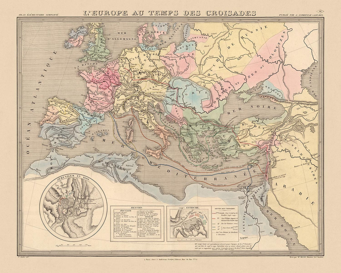 Alte Karte der Kreuzzüge in Europa und dem Nahen Osten von Andriveau-Goujon, 1838: Routen, Antiochia, Jerusalem, Konstantinopel, Heiliges Land.