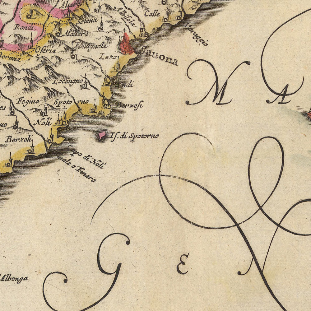 Alte Karte von Ligurien und der Republik Genua von Visscher, 1690: La Spezia, Nizza, Turin, Sanremo, Naturpark Seealpen