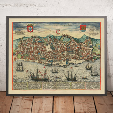 Antiguo mapa a vista de pájaro de Lisboa por Braun, 1596: Castelo de São Jorge, Catedral Sé, Baixa, Bairro Alto, Río Tajo