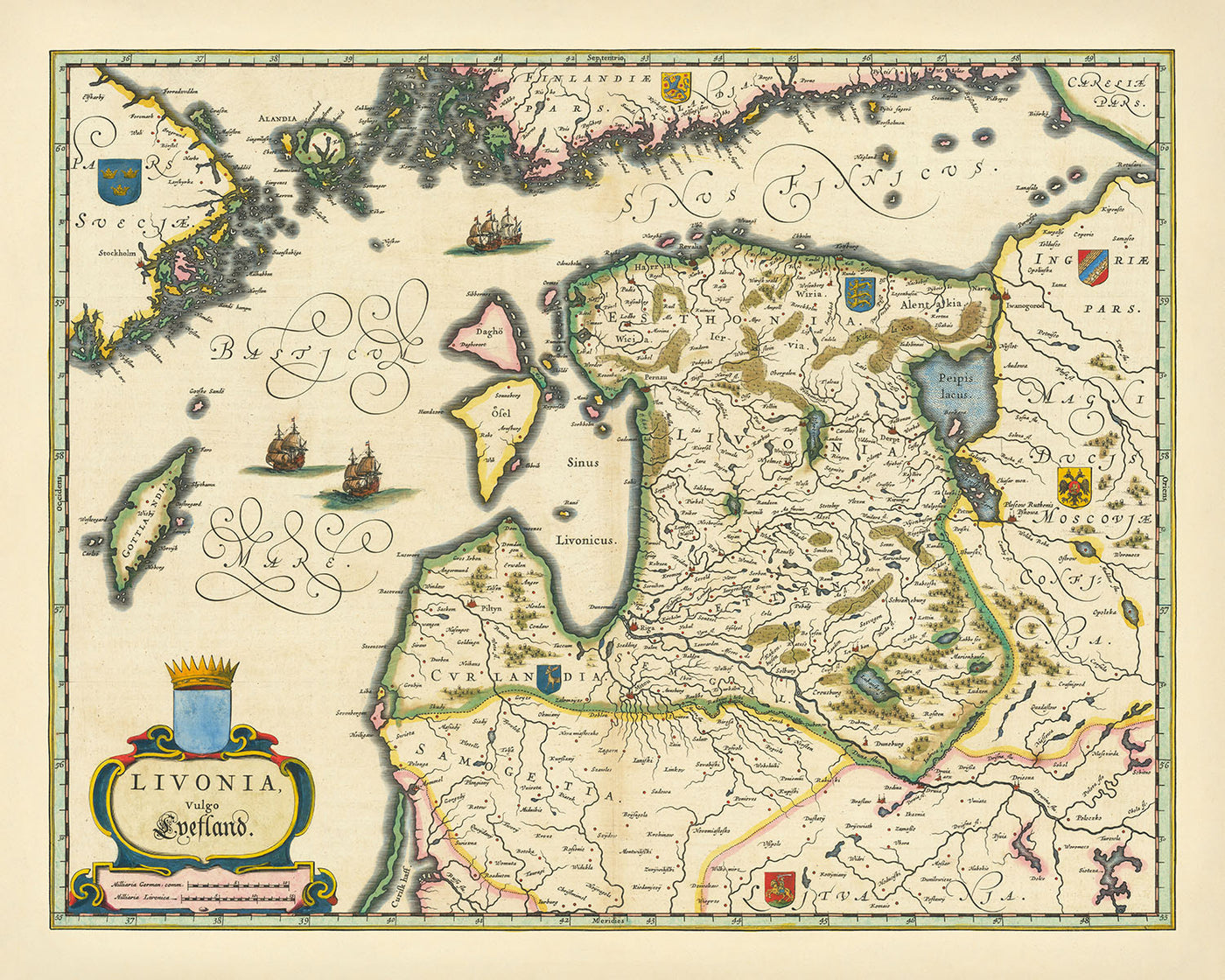 Mapa antiguo decorativo de la región del Báltico de Blaeu, 1644: Estocolmo, Helsinki, Riga, Tallin, Vilna