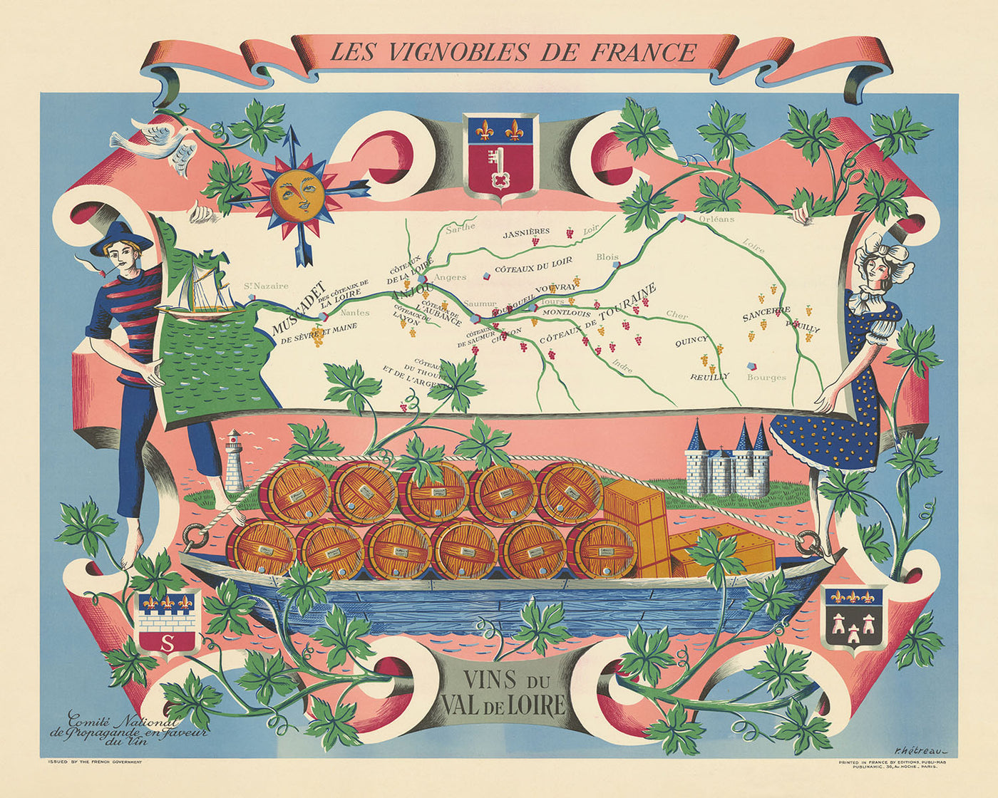 Carte ancienne de la vallée de la Loire par Hetreau, 1954 : Nantes, Tours, Angers, Loire, Vignobles