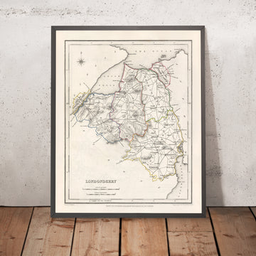 Ancienne carte du comté de Londonderry par Samuel Lewis, 1844 : Coleraine, Limavady, Magherafelt, Portstewart et les montagnes Sperrin