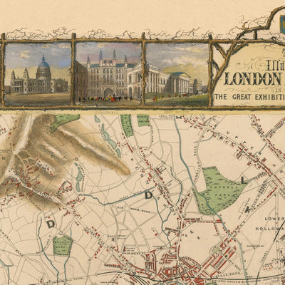 Ancienne carte illustrée de Londres par Tallis, 1851 : Tamise, Hyde Park, Regent's Park, Westminster, Oxford Street