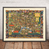 Vecchia mappa pittorica di Londra da British Railways e Kerry Lee, 1953: Torre di Londra, Parlamento, Palazzo di Buckingham, Cattedrale di St. Paolo 