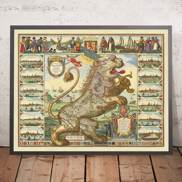 Mapa antiguo de Leo Belgicus (León de los Países Bajos) de Visscher, 1648: Amsterdam, Rotterdam, Amberes, Bruselas, Gante