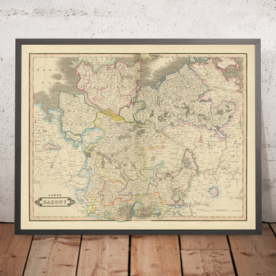 Old Map of Lower Saxony by Lizars, 1828: Berlin, Hanover, Elbe River, Harz Mountains, North Sea