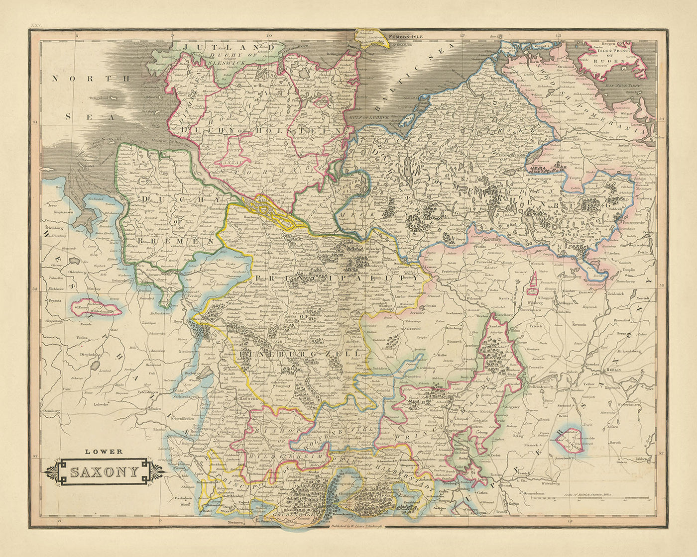 Alte Karte von Niedersachsen von Lizars, 1828: Berlin, Hannover, Elbe, Harzgebirge, Nordsee 