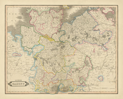 Alte Karte von Niedersachsen von Lizars, 1828: Berlin, Hannover, Elbe, Harzgebirge, Nordsee 