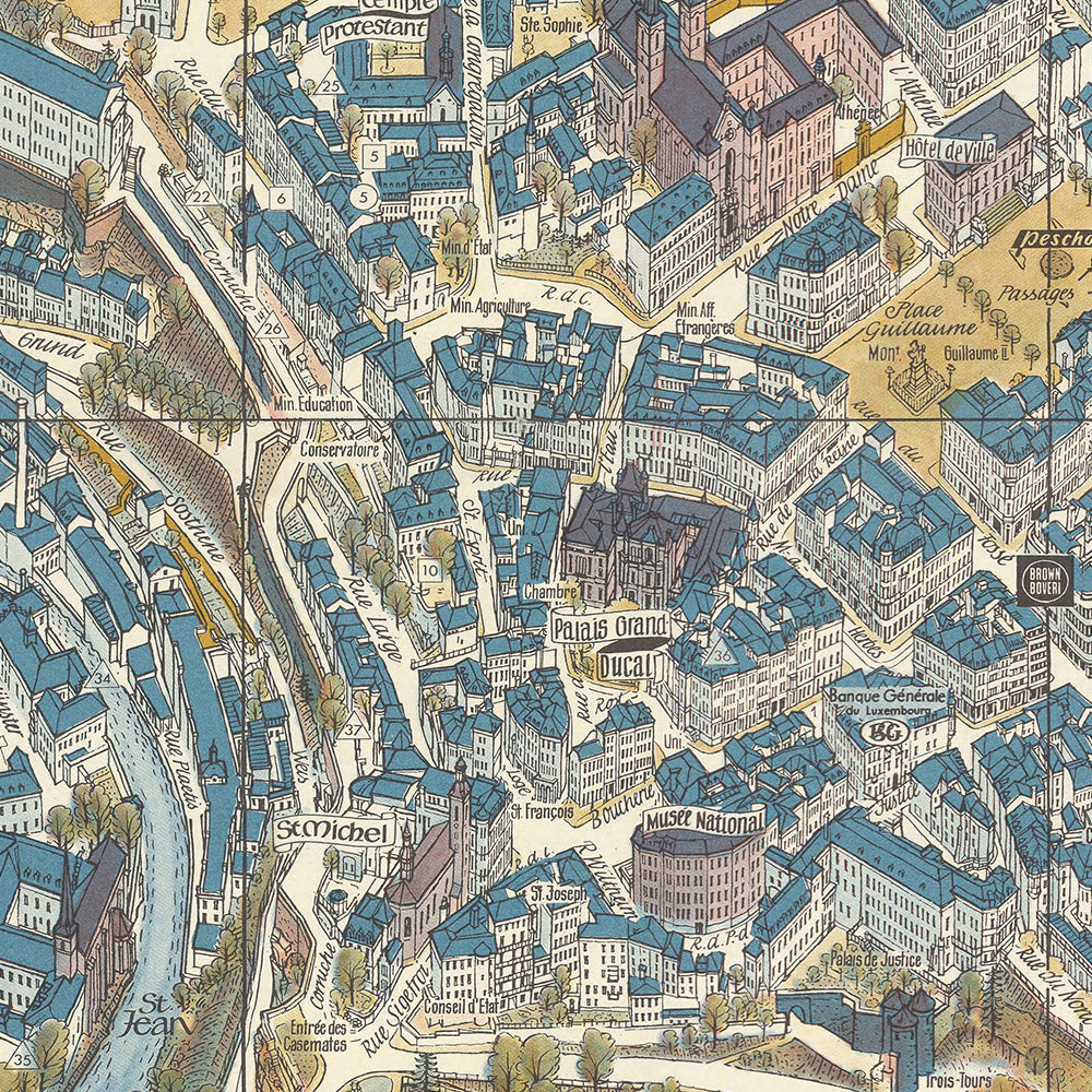 Mapa ilustrado antiguo de la ciudad de Luxemburgo realizado por Bollmann en 1961: Puente Adolfo, Palacio Gran Ducal, Catedral de Notre Dame, Parque municipal, río Alzette