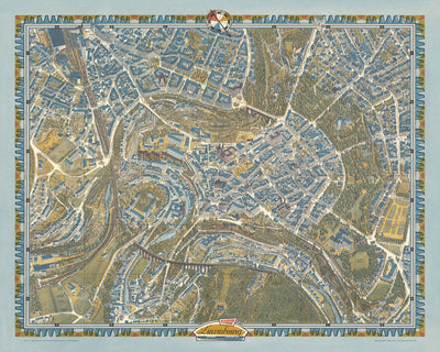 Mapa ilustrado antiguo de la ciudad de Luxemburgo realizado por Bollmann en 1961: Puente Adolfo, Palacio Gran Ducal, Catedral de Notre Dame, Parque municipal, río Alzette