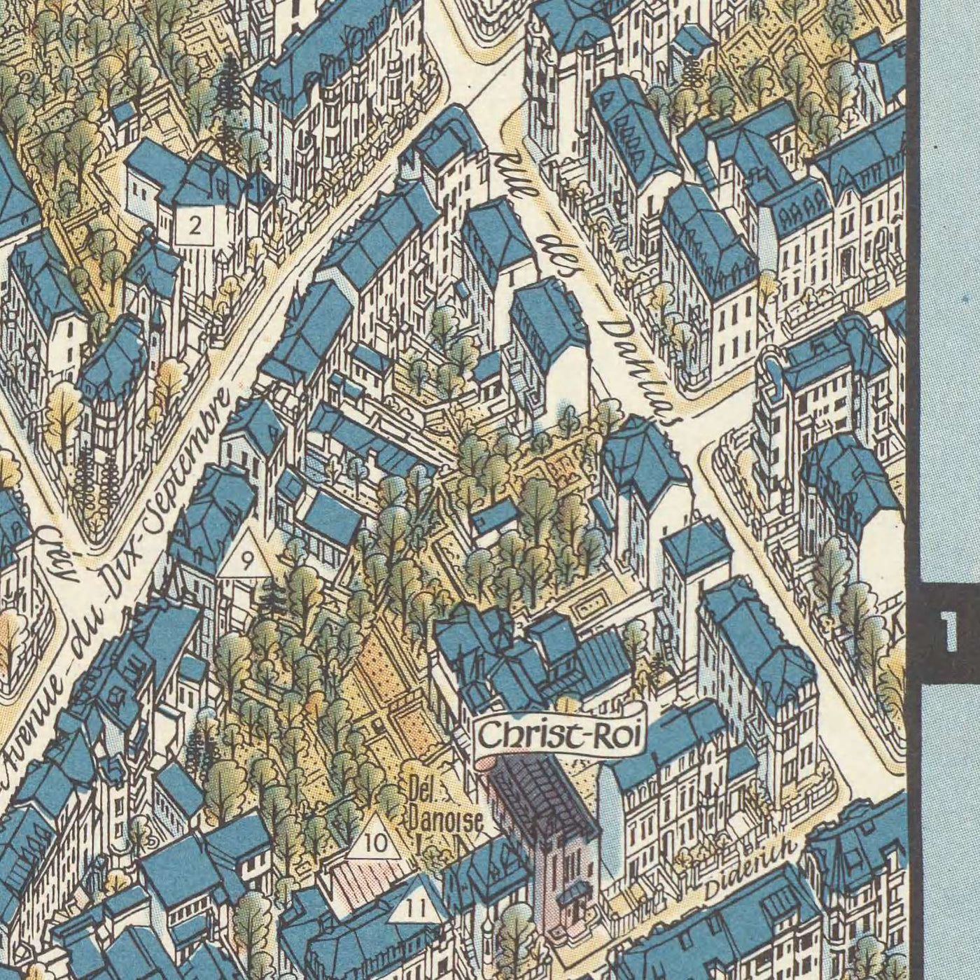 Mapa ilustrado antiguo de la ciudad de Luxemburgo realizado por Bollmann en 1961: Puente Adolfo, Palacio Gran Ducal, Catedral de Notre Dame, Parque municipal, río Alzette