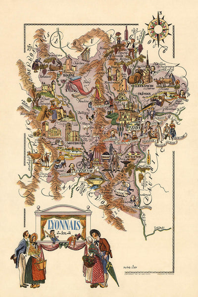 Carte ancienne picturale du Lyonnais par Liozu, 1951 : Lyon, Saint-Étienne, Vignobles, Châteaux, Rivières