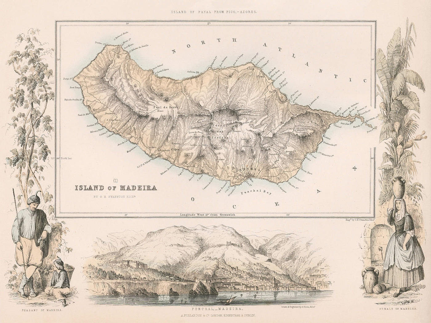 Mapa antiguo de Madeira por Fullarton, 1865: Funchal, Pico Ruivo, Bahía de Funchal, Viñetas, Topografía